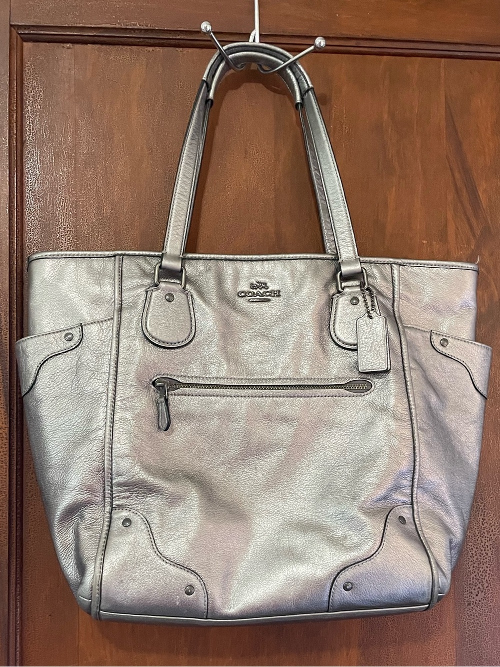 Coach Mickie F34039 Metallic Silver Leather Tote Bag